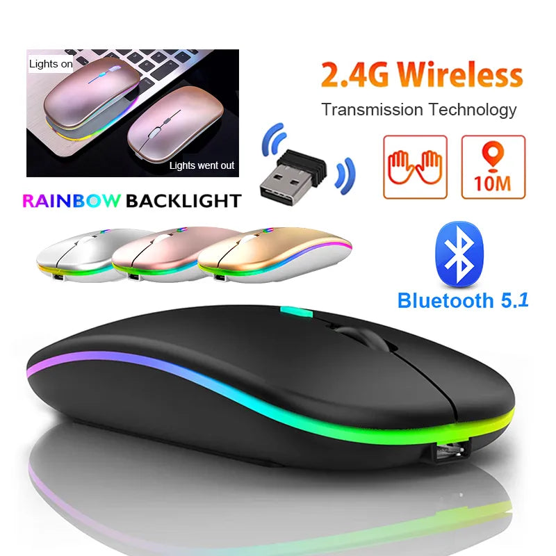 Rechargeable Bluetooth 5.1 Wireless Mouse with 2.4GHz USB RGB 1600DPI Mouse For MacBook Tablet Computer Laptop PC Mice - Online Gift Shop